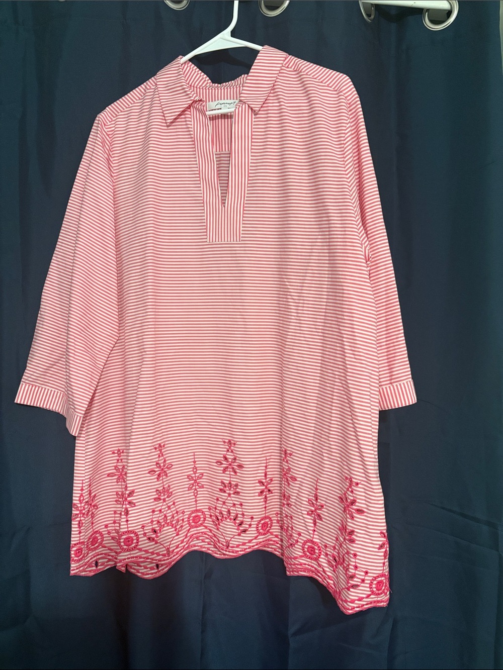 Foxcroft Coral-Pink Striped Embroidered Tunic